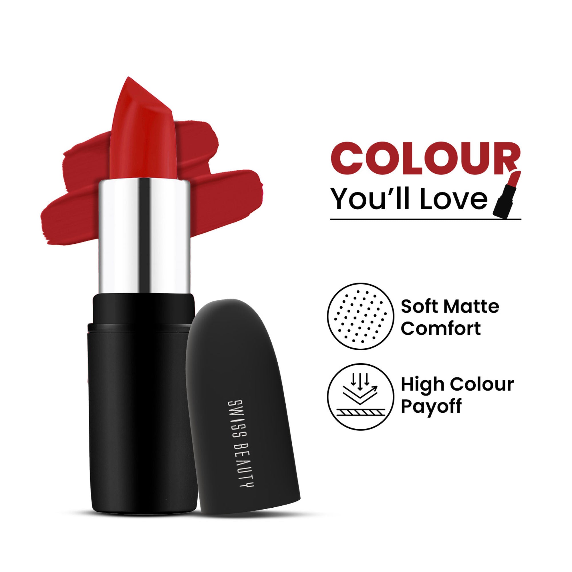Swiss Beauty Pure Matte Lipstick , Non-Drying, Smooth Glide, Long Lasting - 221 Hot Red | Grab2Buy