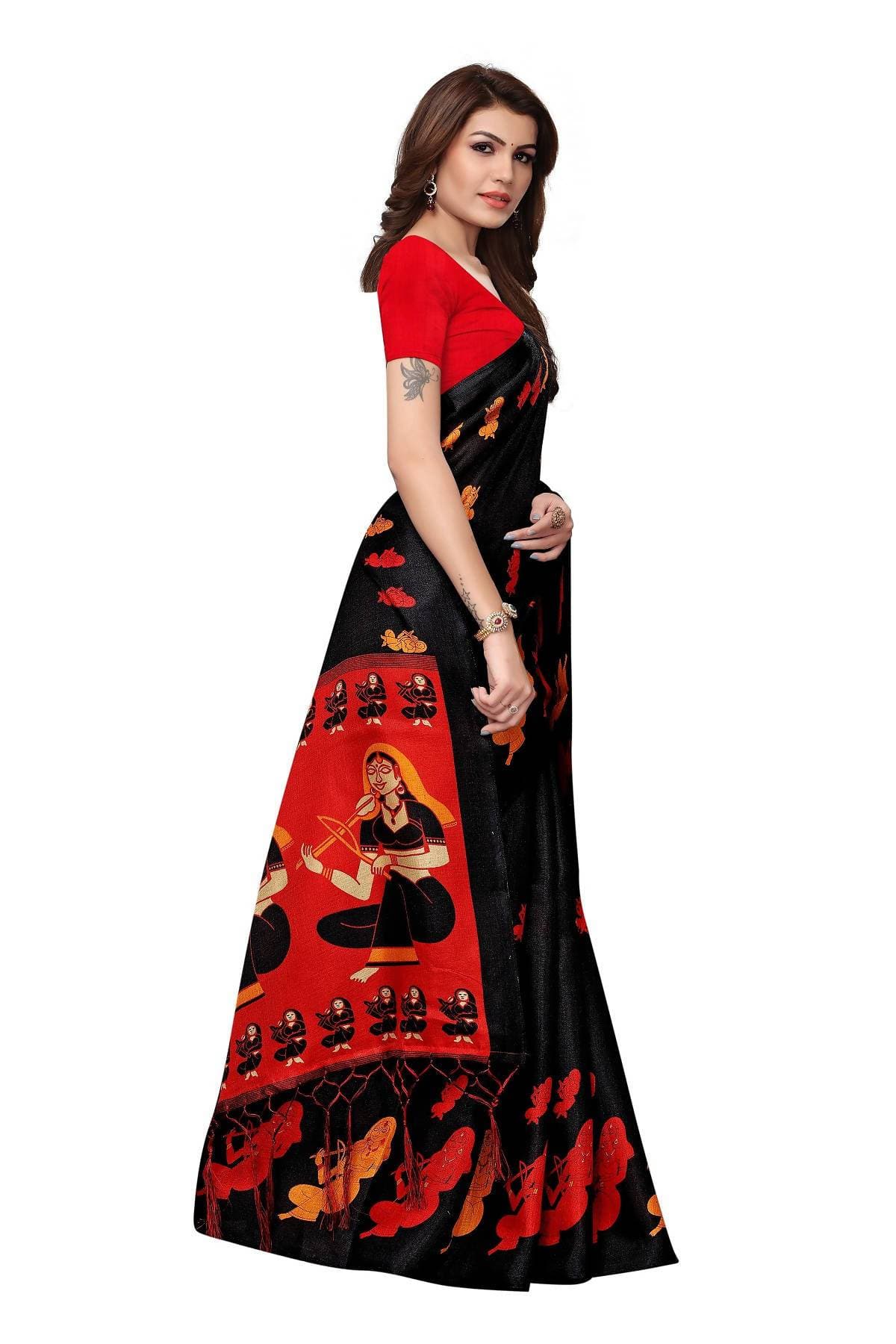 Vamika Black & Red Kalamkari With Jhalar Khadi Silk Saree | Grab2Buy