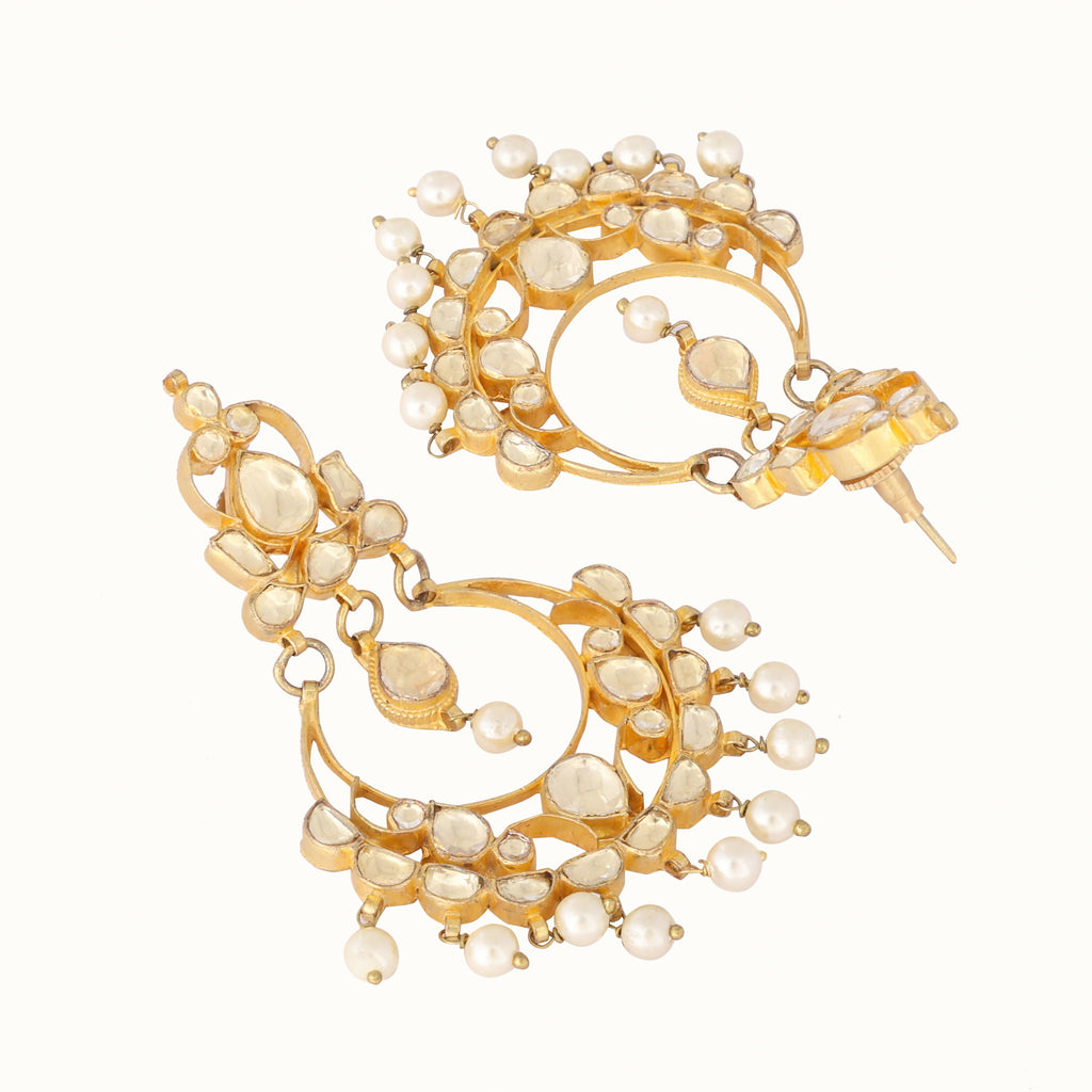 Nuyug 22K Gold Plated Kundan Studded Contemporary Shaped Pearl Drop Chandbalis | Grab2Buy
