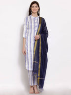 Myshka Women's Blue Cotton 3/4 Sleeve Mandarin Collar Printed Casual Kurta Pant Dupatta Set | Grab2Buy