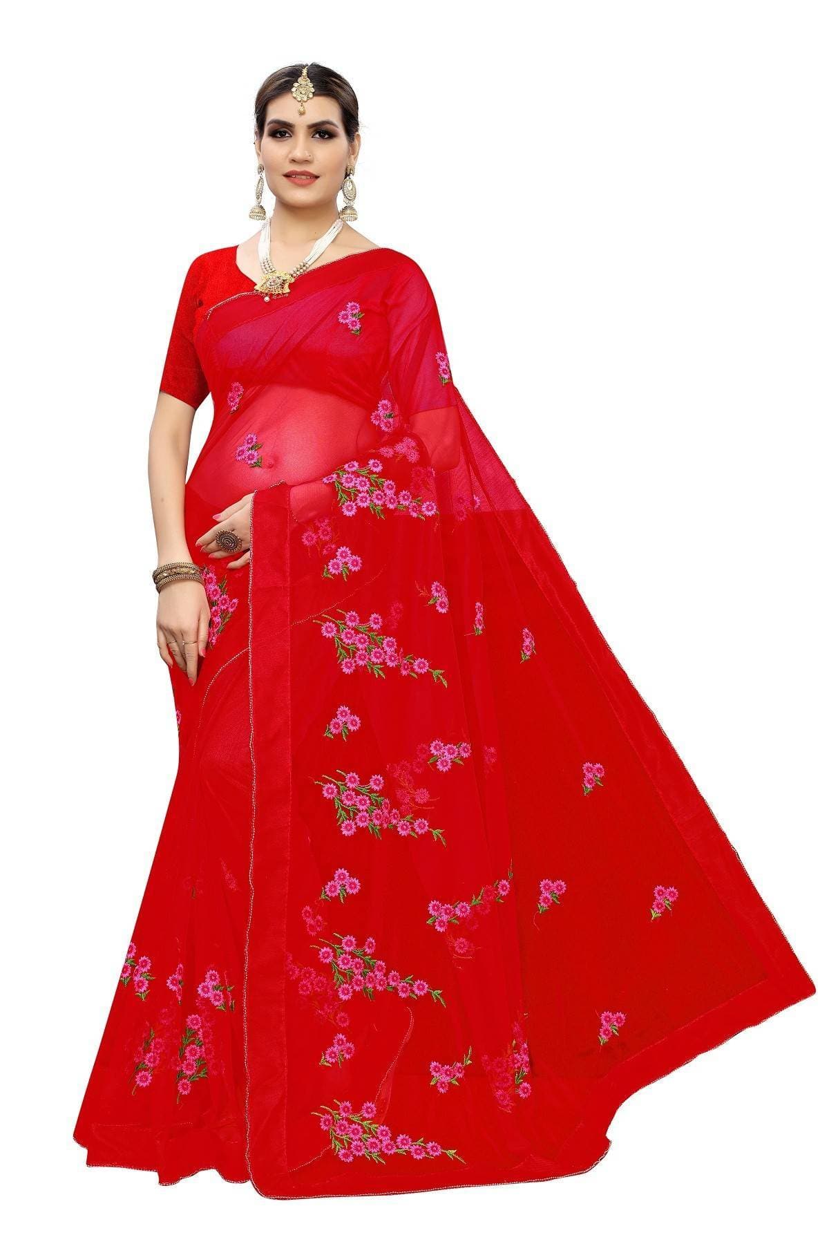 Vamika Red Net Embroidery Saree | Grab2Buy