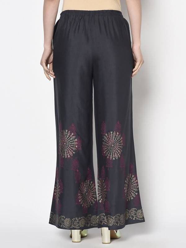Aniyah Rayon Dark Grey Color Block Print Flared Slip-On Palazzo (AN-201K) | Grab2Buy