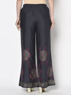 Aniyah Rayon Dark Grey Color Block Print Flared Slip-On Palazzo (AN-201K) | Grab2Buy