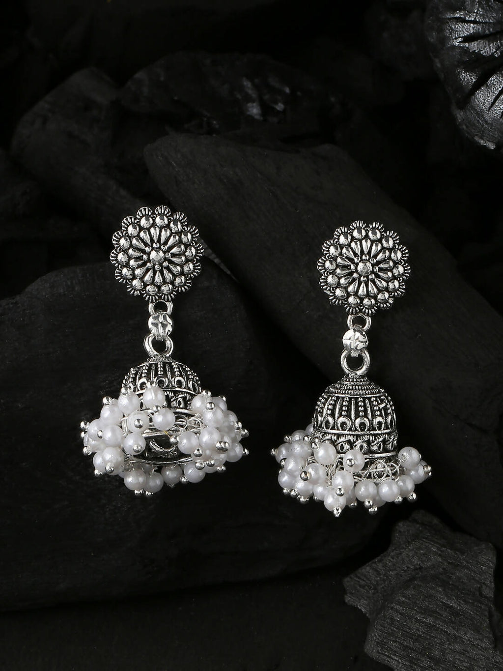 NVR Women Silver Toned Dome Shaped Jhumkas Earrings | Grab2Buy