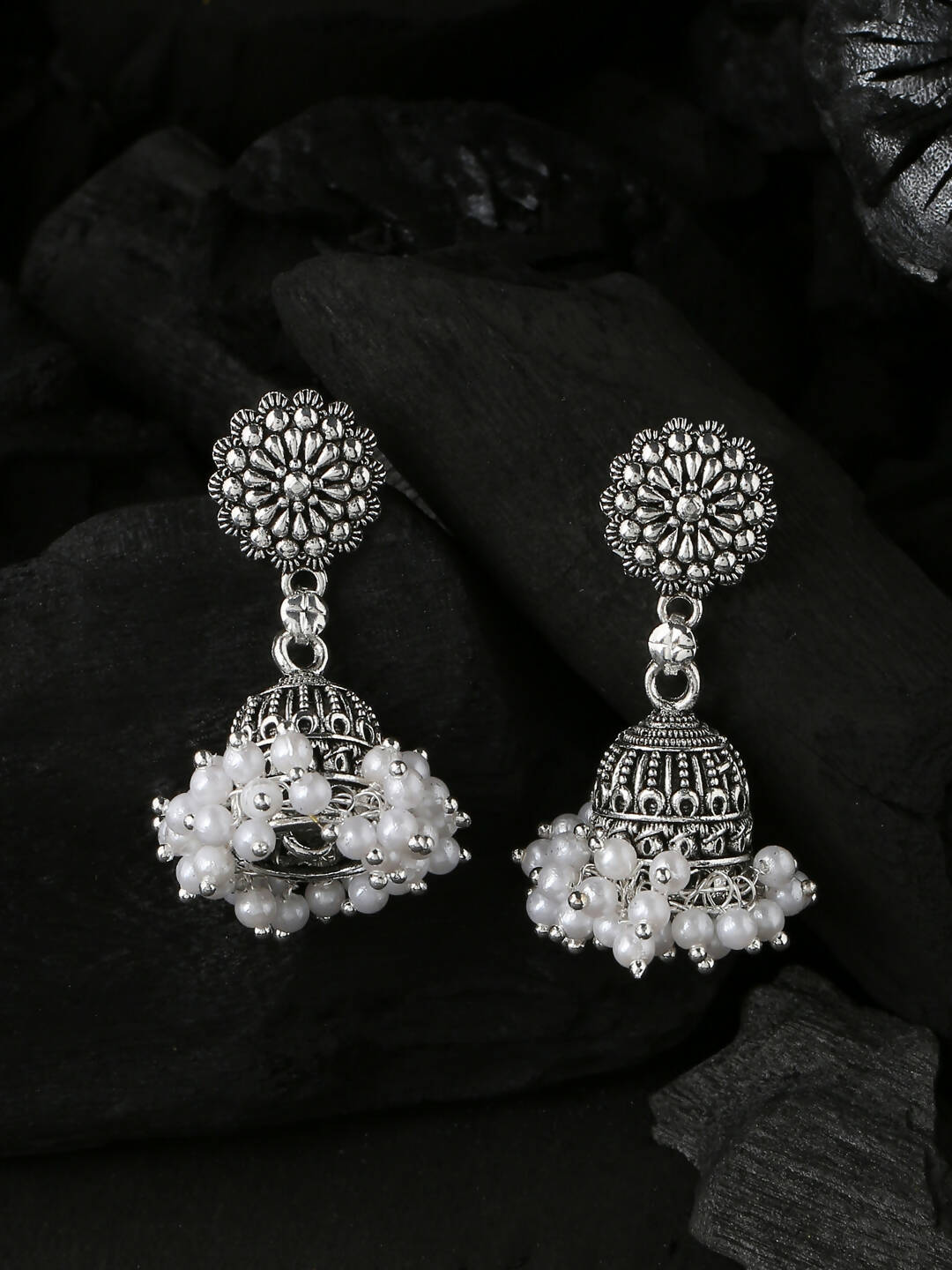 NVR Women Silver Toned Dome Shaped Jhumkas Earrings | Grab2Buy