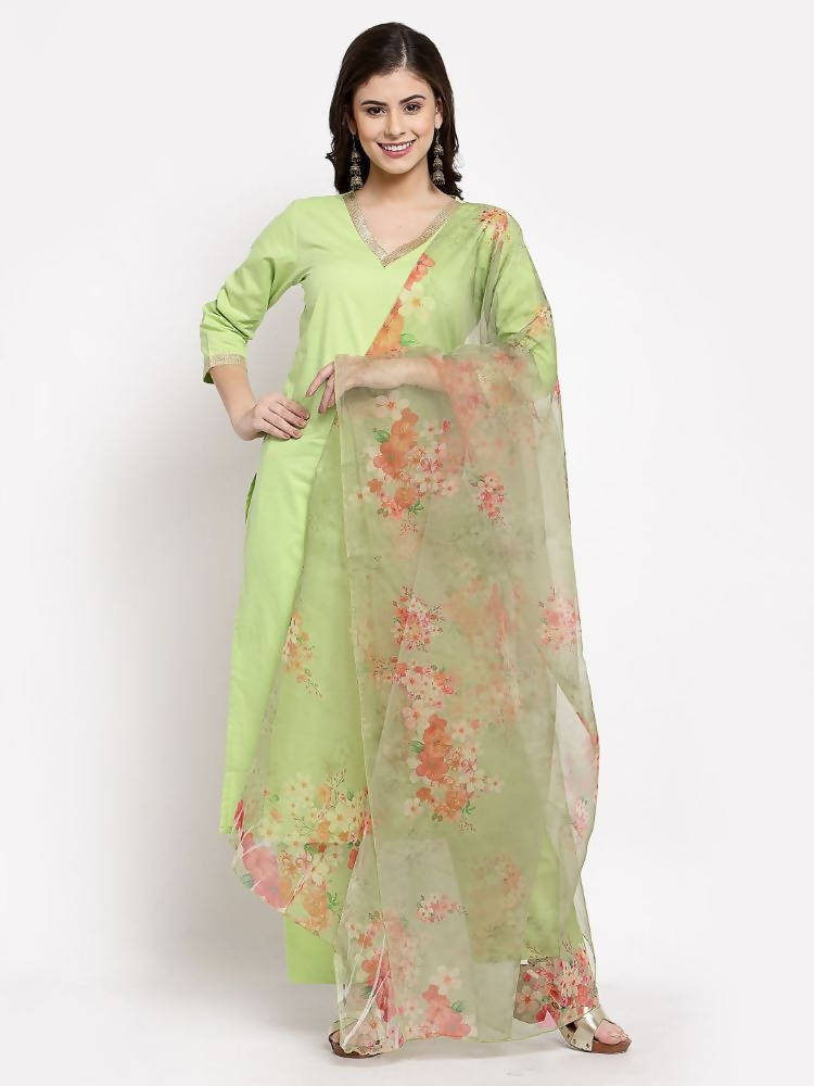 Myshka Women's Green Cotton Solid 3/4 Sleeve V Neck Casual Kurta Pant Dupatta Set | Grab2Buy
