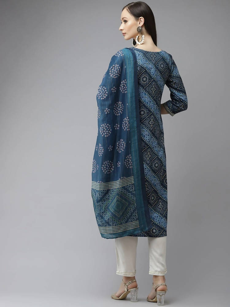 Yufta Women Blue Bandhani Printed Regular Gotta Patti Kurta with Palazzo & With Dupatta | Grab2Buy