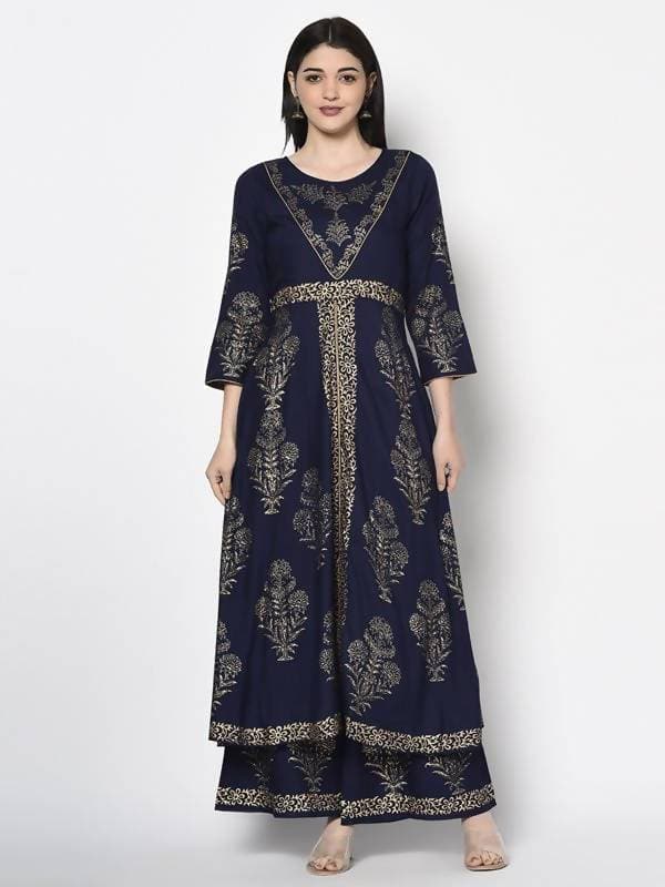 Aniyah Rayon Navy Blue Color Foil Print Anarkali Kurta (AN-192K) | Grab2Buy