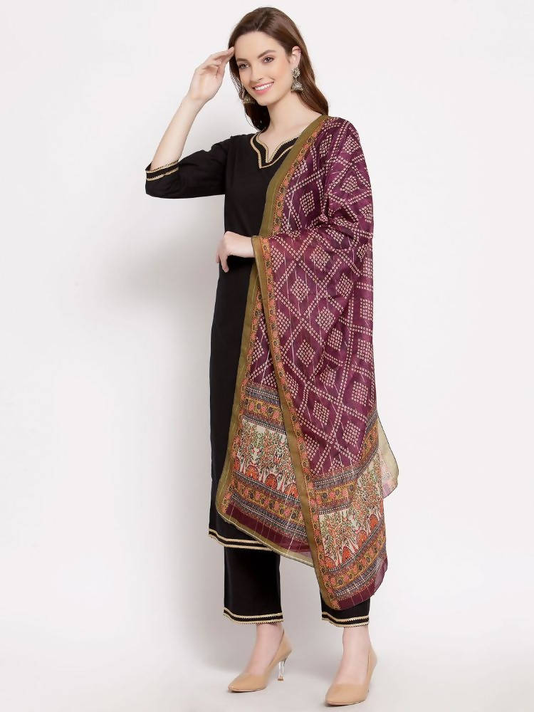 Myshka Women's Black Cotton Half Sleeve V Neck Solid Casual kurta Pant Dupatta Set | Grab2Buy