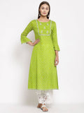 Myshka Women's Green Cotton Printed Full Sleeve Round Neck Casual Dress | Grab2Buy