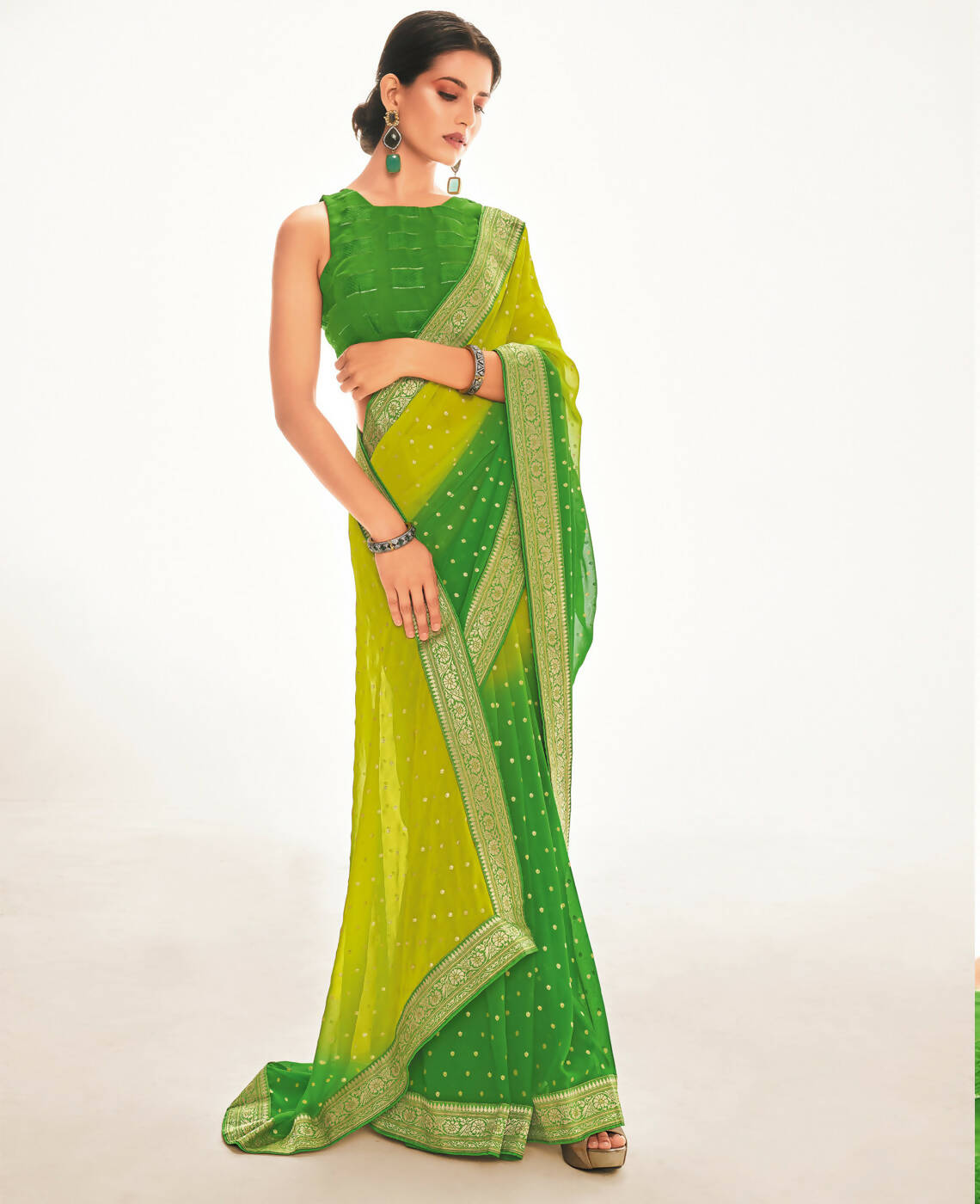 Green Georgette Foil Printed Saree With Unstitched Blouse Piece - Nitya | Grab2Buy
