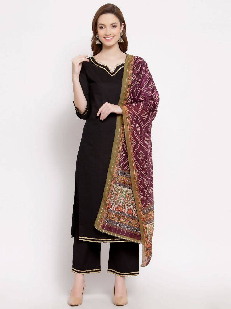 Myshka Women's Black Cotton Half Sleeve V Neck Solid Casual kurta Pant Dupatta Set | Grab2Buy