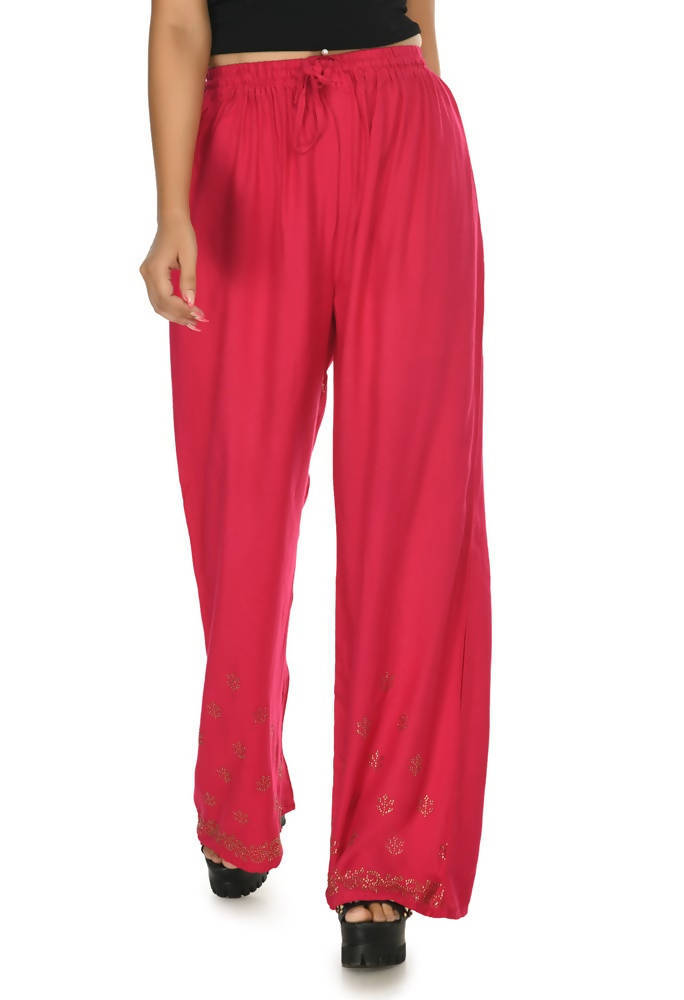 Mominos Fashion Moeza Reyon Cotton Red Color Sirsoki Work Palazzo | Grab2Buy