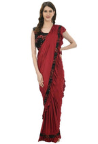 Mominos Fashion All Season Wear Olive Red And Black Ruffled Ready To Wear Saree | Grab2Buy