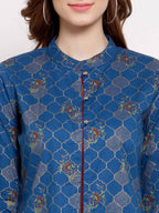 Myshka Women's Blue Cotton Full Sleeve Mandarin Collar Printed Casual Jacket | Grab2Buy