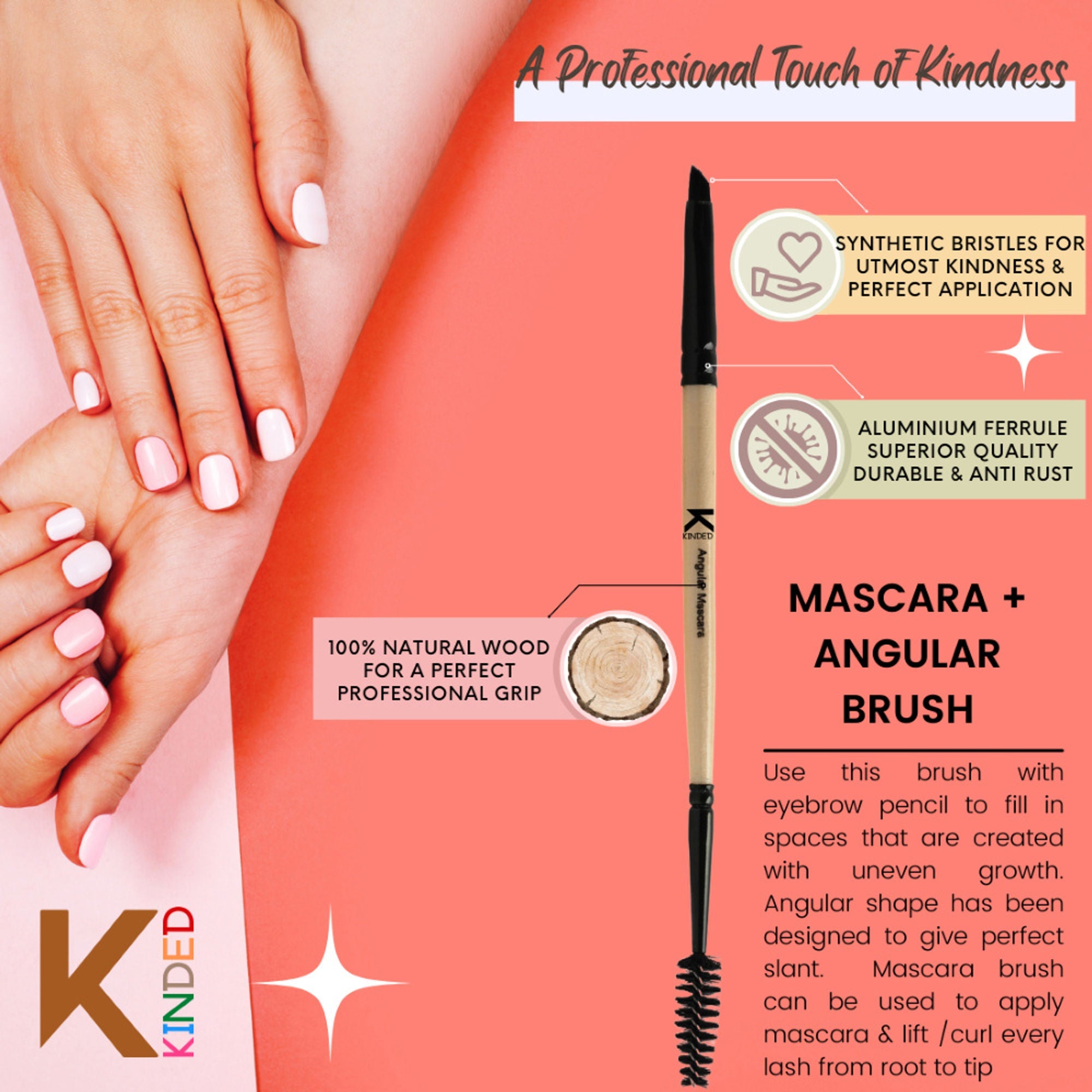 KINDED Professional Natural Wooden Handle 2 in 1 Masaca & Angular Makeup Brush | Grab2Buy