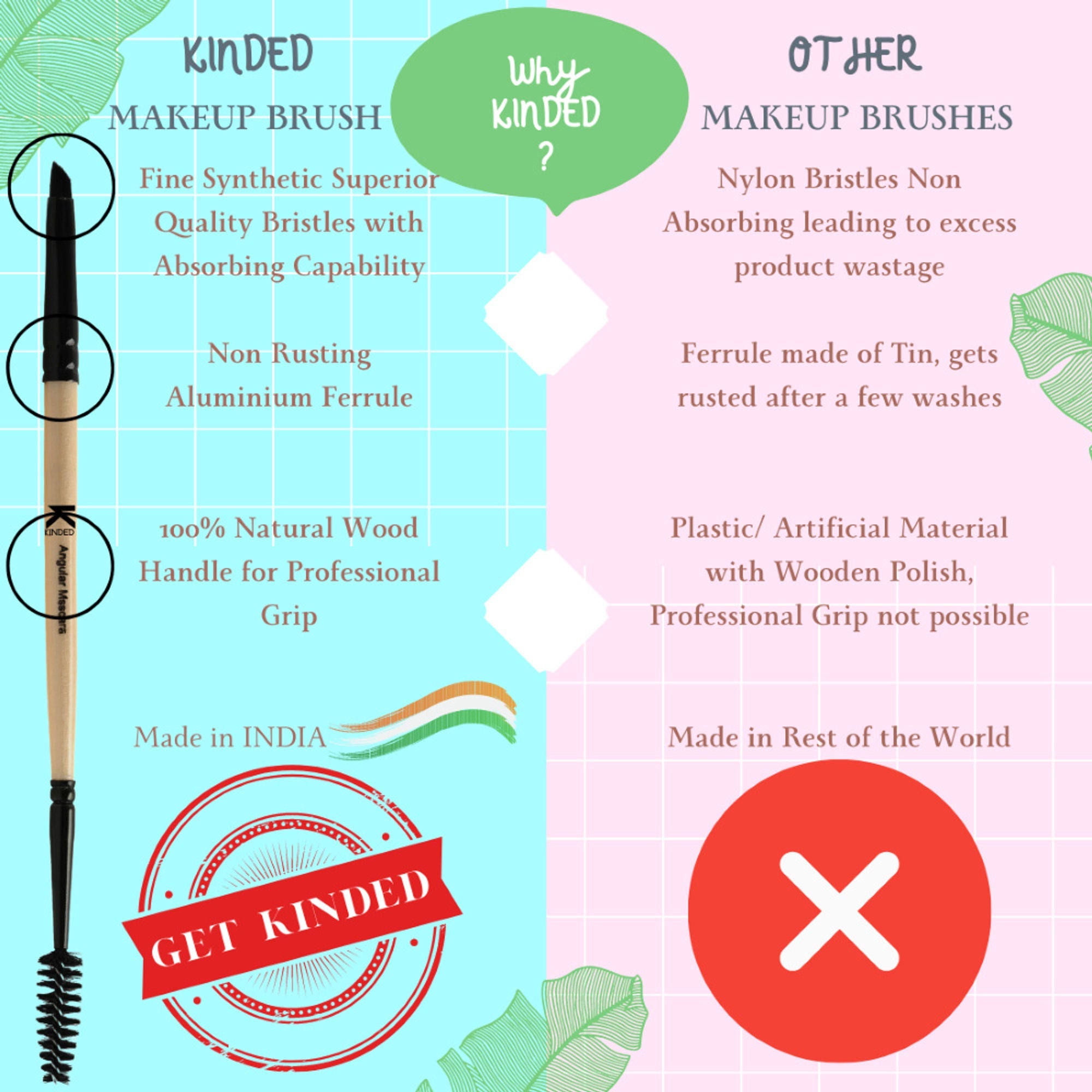 KINDED Professional Natural Wooden Handle 2 in 1 Masaca & Angular Makeup Brush | Grab2Buy