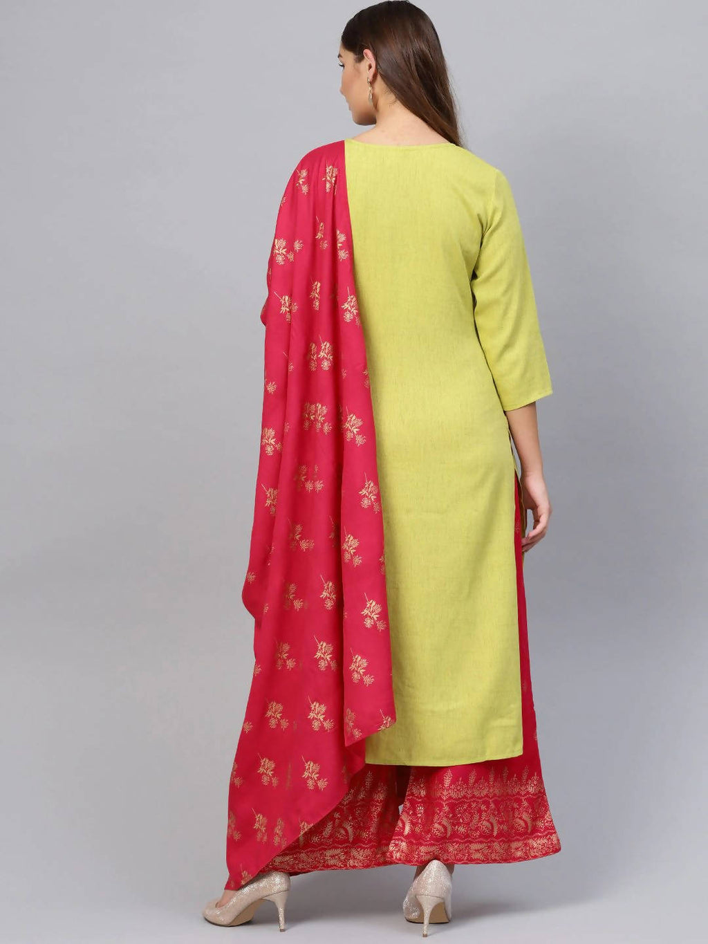 Yufta Women Green & Pink Embroidered Kurta with Palazzo & Dupatta | Grab2Buy