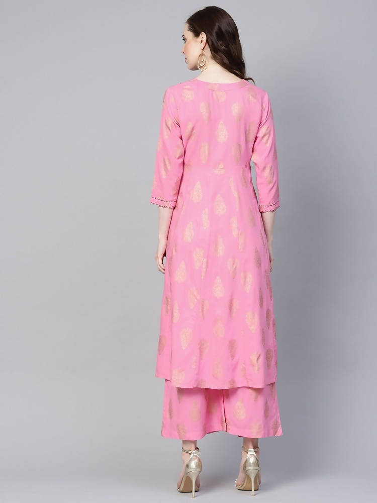 Yufta Women Pink & Golden Printed Kurta with Palazzo | Grab2Buy