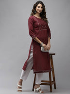 Yufta Women Maroon Yoke Design Mirror Work Cotton Kurta | Grab2Buy