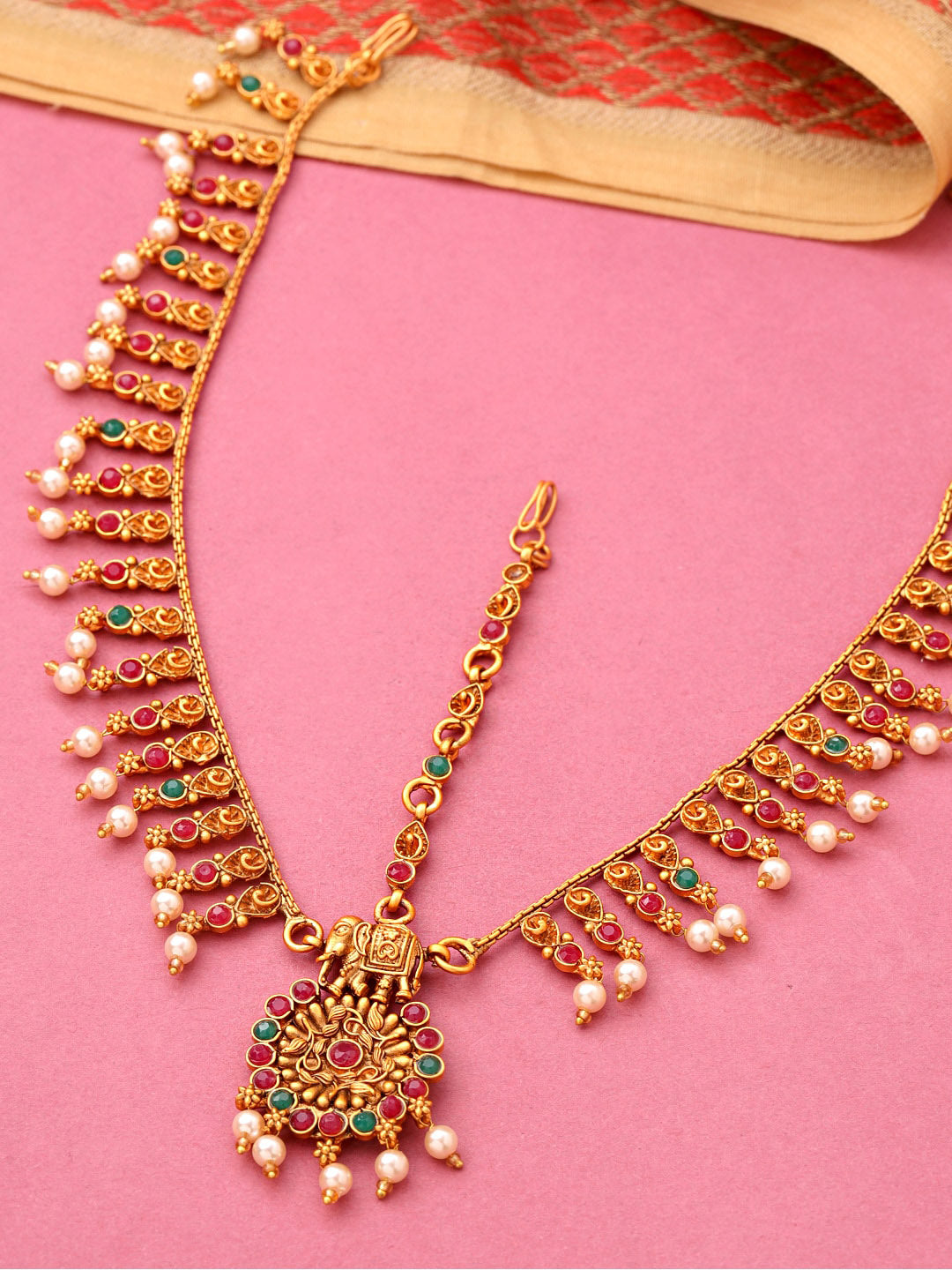 Yellow Chimes Women Gold-Polished,Maroon,Green White Pearl Hanging Bridal Mathapatti | Grab2Buy