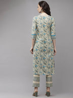Yufta Women Beige Floral Printed Regular Pure Cotton Kurta with Trouser | Grab2Buy