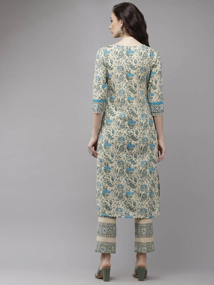 Yufta Women Beige Floral Printed Regular Pure Cotton Kurta with Trouser | Grab2Buy