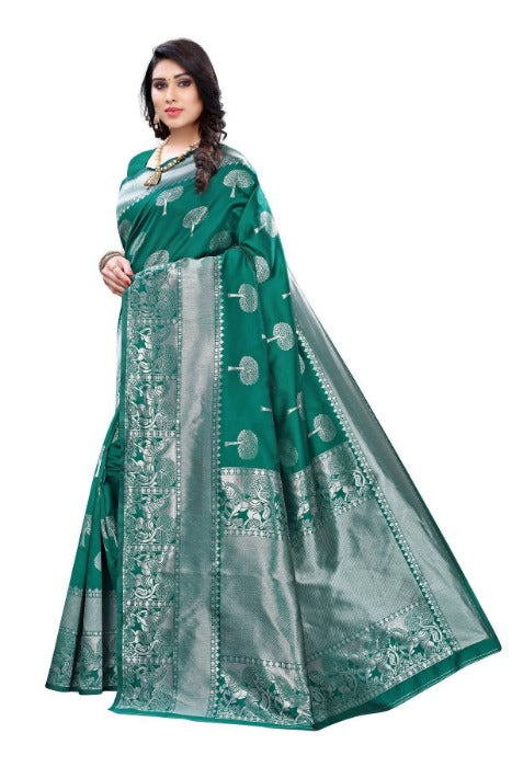 Vamika Banarasi Jacquard Weaving Rama Green Saree (AMEE RAMA) | Grab2Buy