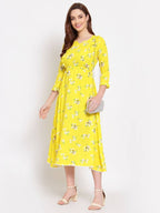 Myshka Women's Yellow Printed Cotton 3/4 Sleeve Round Neck Casual Dress | Grab2Buy