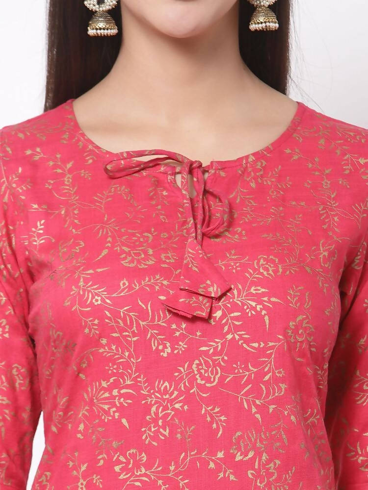 Myshka Women's Pink Rayon Printed Regular Sleeves Round Neck Casual Kurta | Grab2Buy