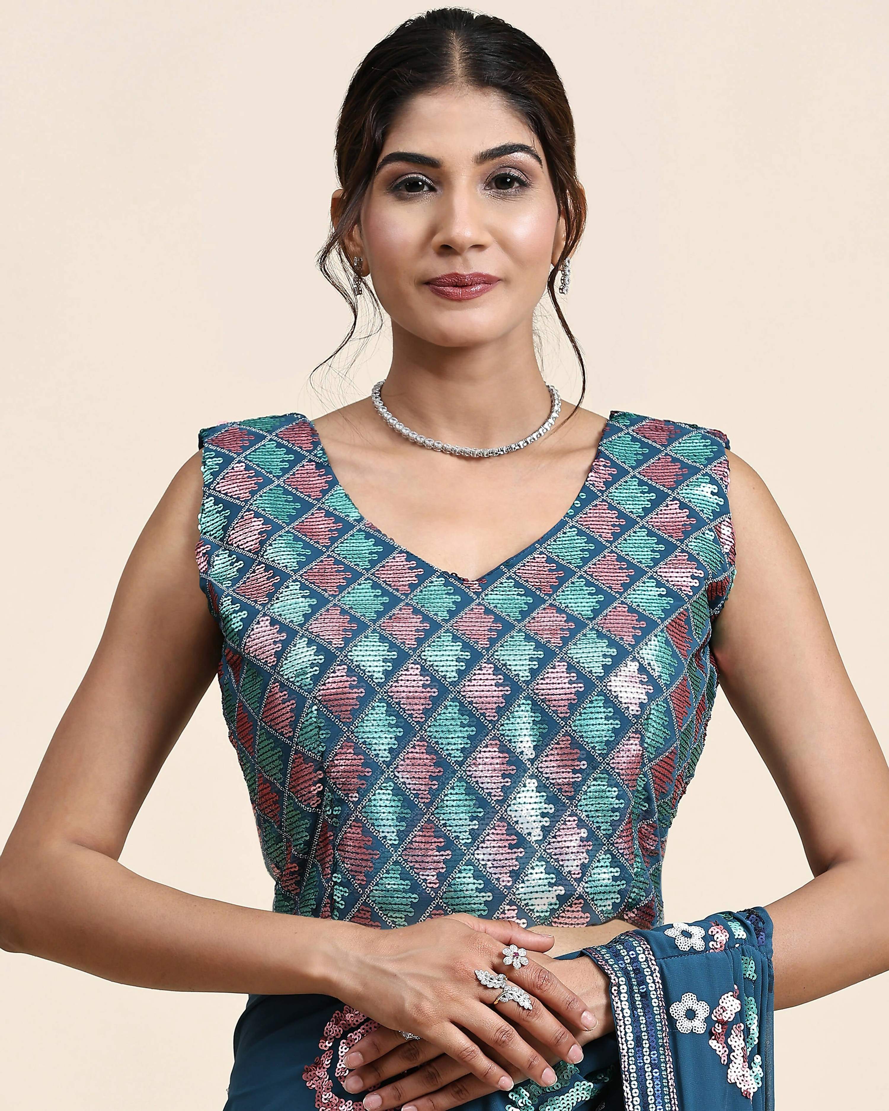 Blue Pure Georgette Sequence work Ready to wear Saree with stitched Blouse - Nirvana | Grab2Buy