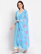 Myshka Women's Blue Printed Cotton Blend 3/4 Sleeve Square Neck Casual Anarkali Kurta Dupatta Set | Grab2Buy