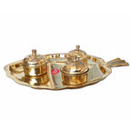 Leaf Shape Brass Tray with Haldi Boxes | Grab2Buy