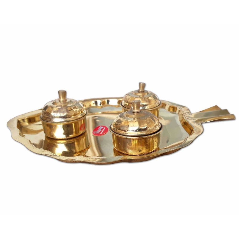 Leaf Shape Brass Tray with Haldi Boxes | Grab2Buy