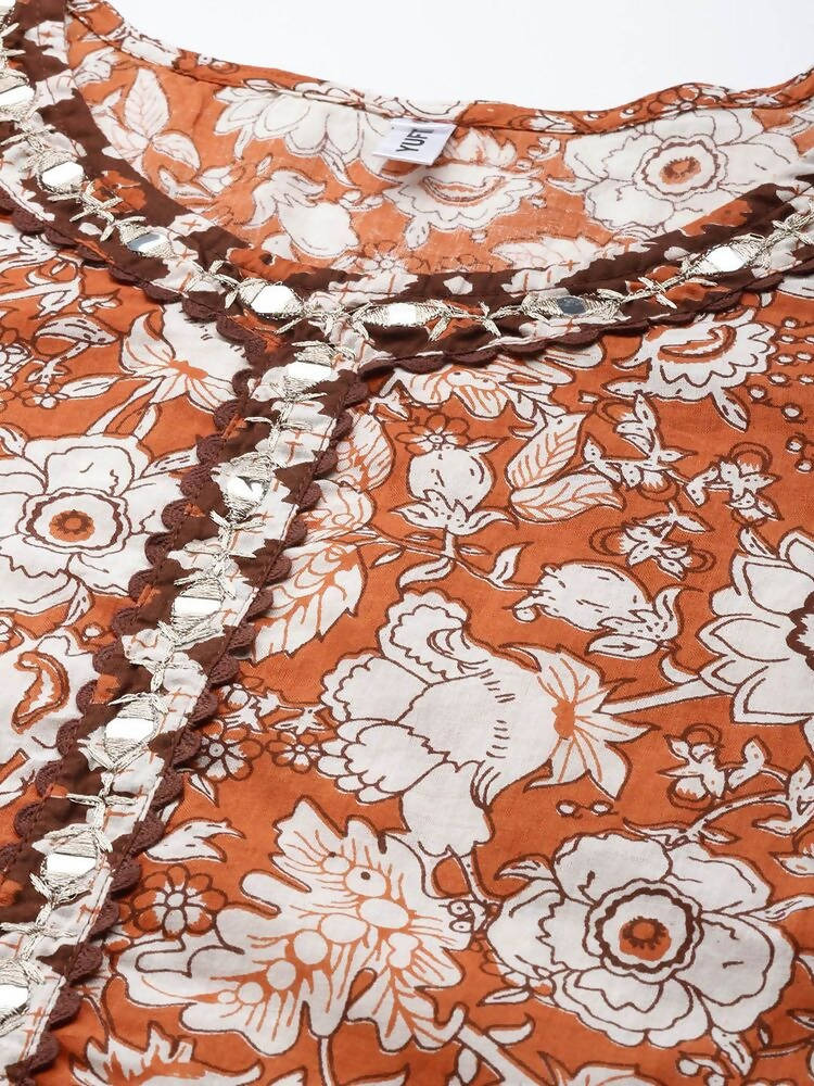 Yufta Brown & Off White Floral Print Kurta with Trousers and Dupatta Set | Grab2Buy