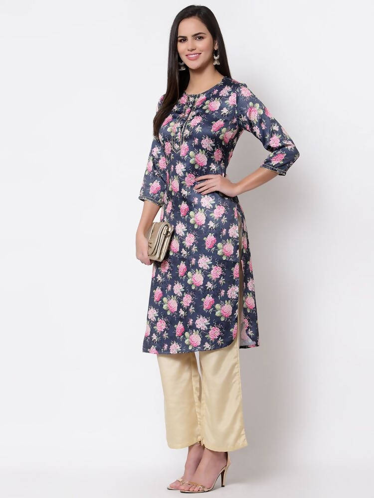Myshka Silk Printed 3/4 Sleeve Round Neck Casual Blue Women's Kurta | Grab2Buy