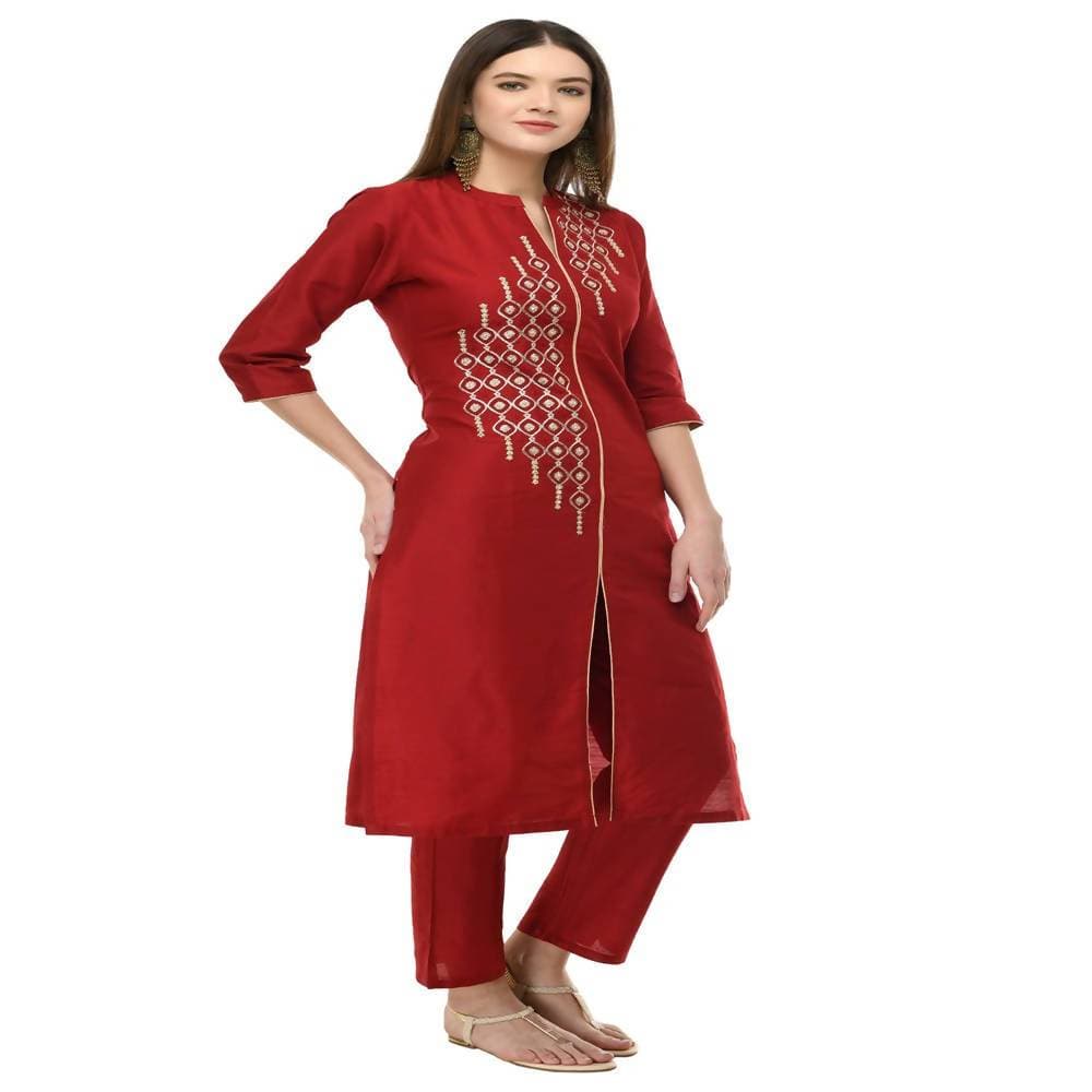 Lagi Women's Maroon Poly silk Straight Embroidred Kurta Pant (RO115A) | Grab2Buy