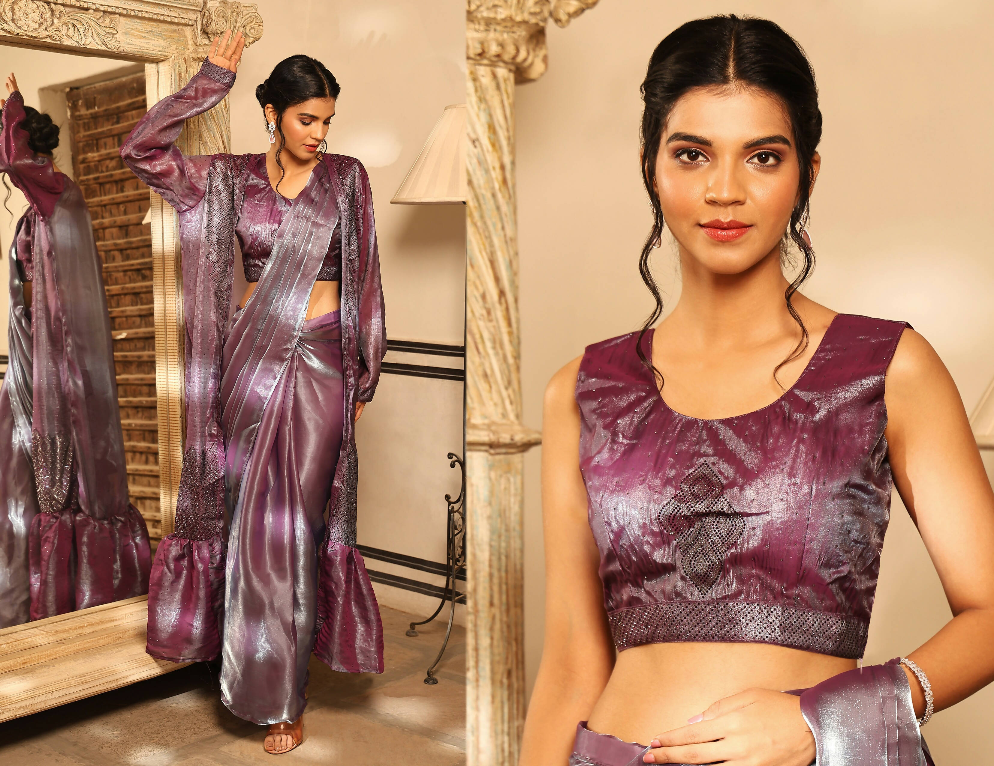 Lavender Tom Silk Plain Ready To Wear Saree With Stitched Blouse - Satiksha | Grab2Buy