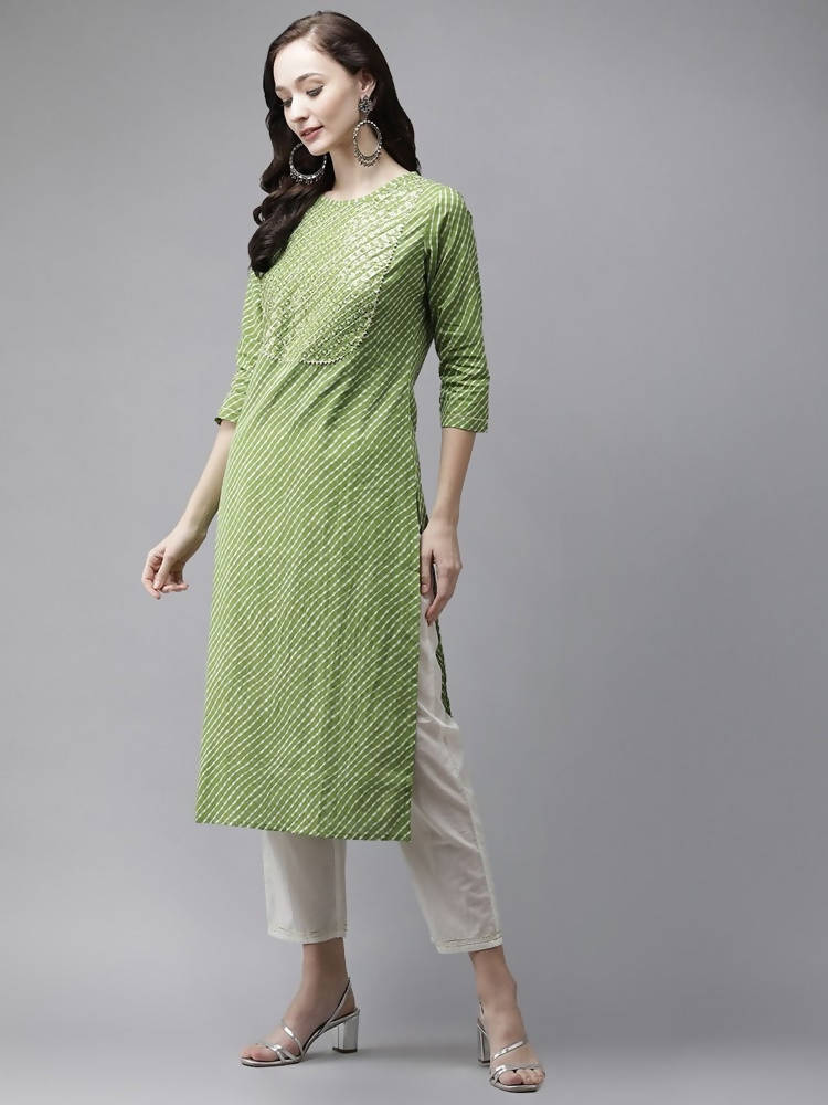 Yufta Women Green And White Bandhani print Kurta with Trouser Set | Grab2Buy