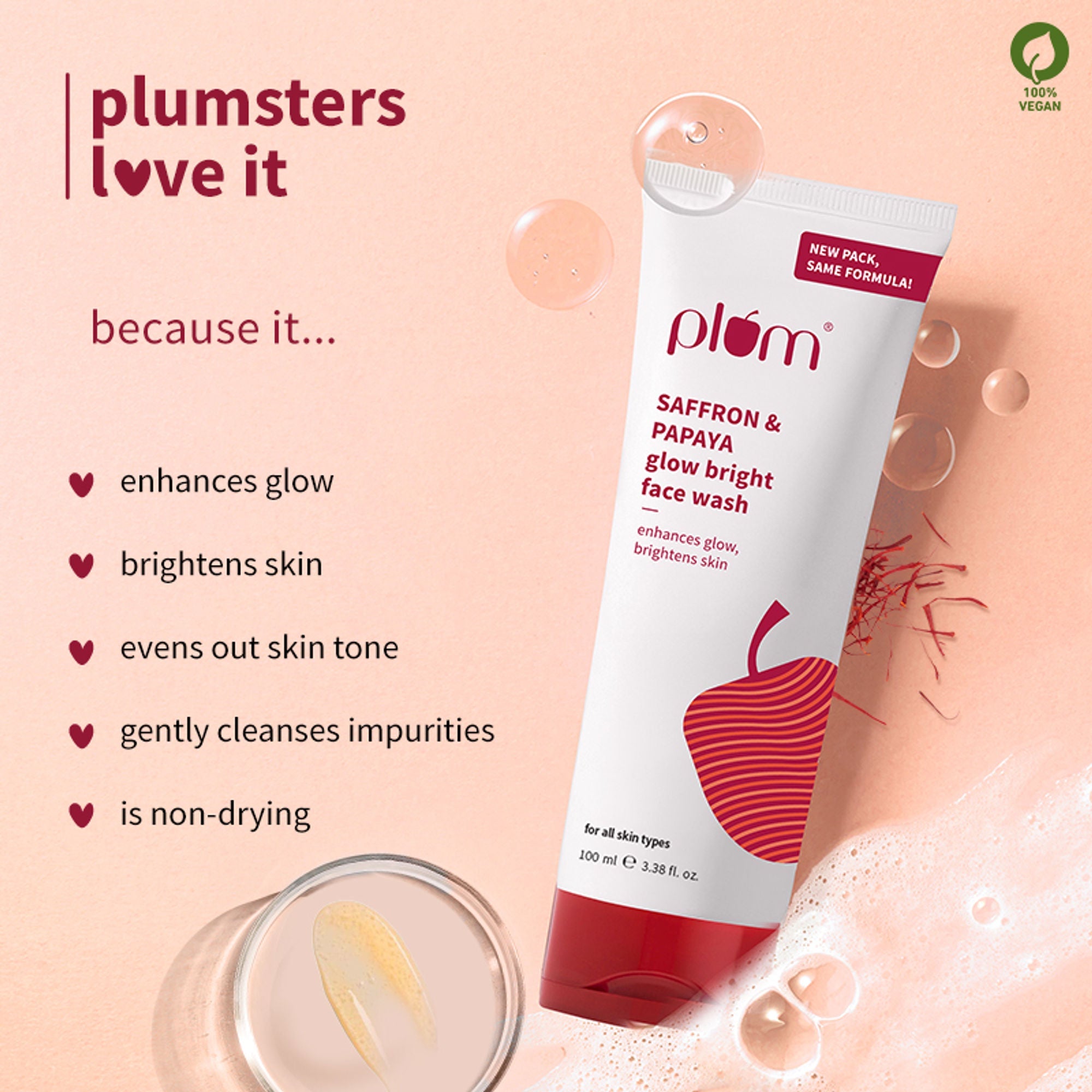 Plum Saffron & Papaya Glow Bright Gel Face Wash For Daily Use - Fights Dullness & Evens Skin Tone | Grab2Buy