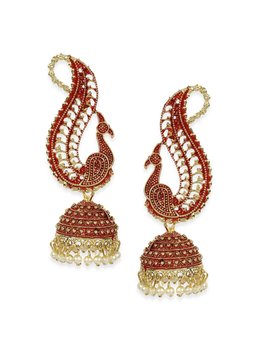 Anikas Creation Red & Gold-Polished Peacock Shaped Jhumkas | Grab2Buy