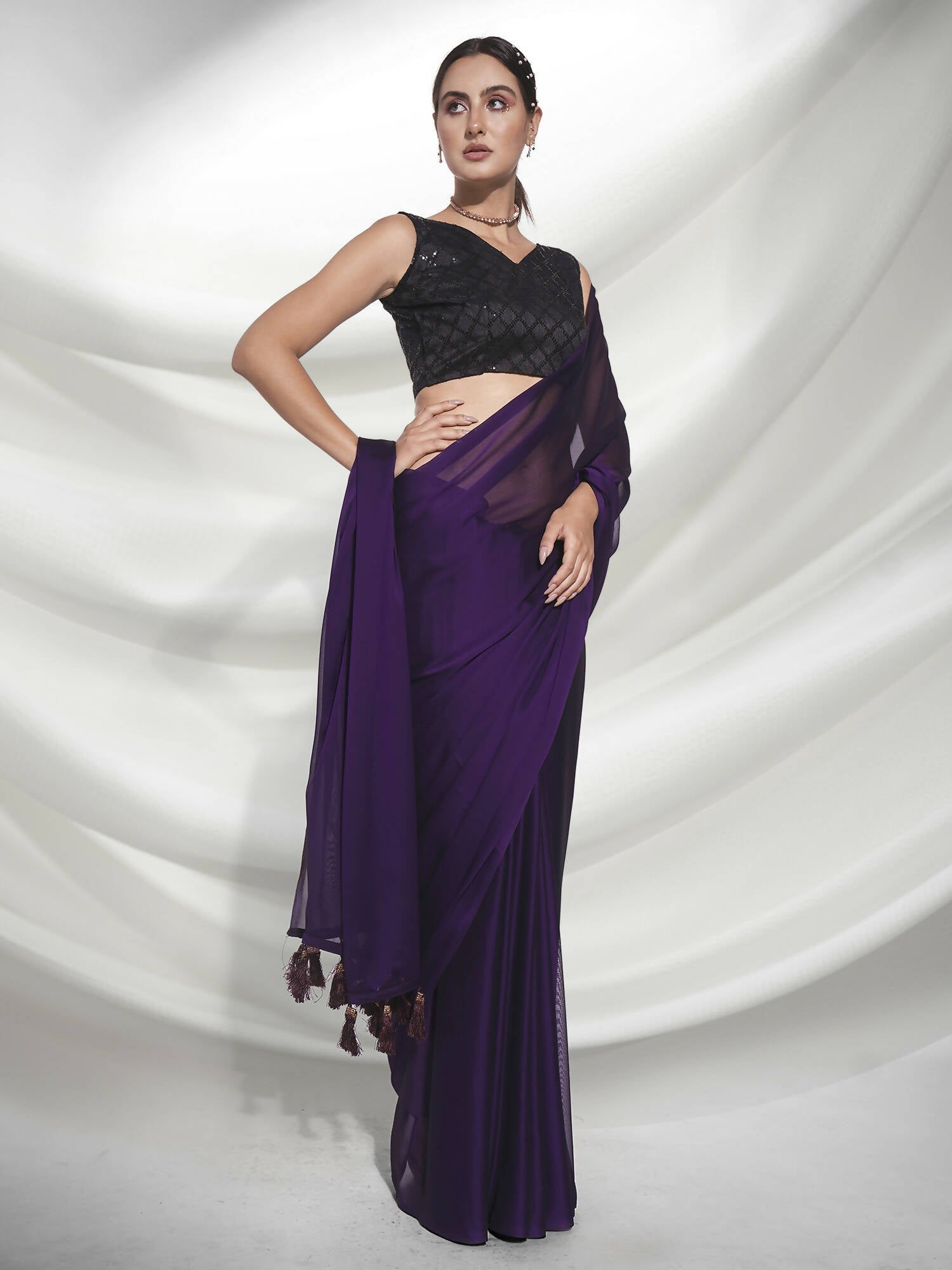 Purple Organza Solid Saree With Unstitched Blouse Piece - Shanaya | Grab2Buy
