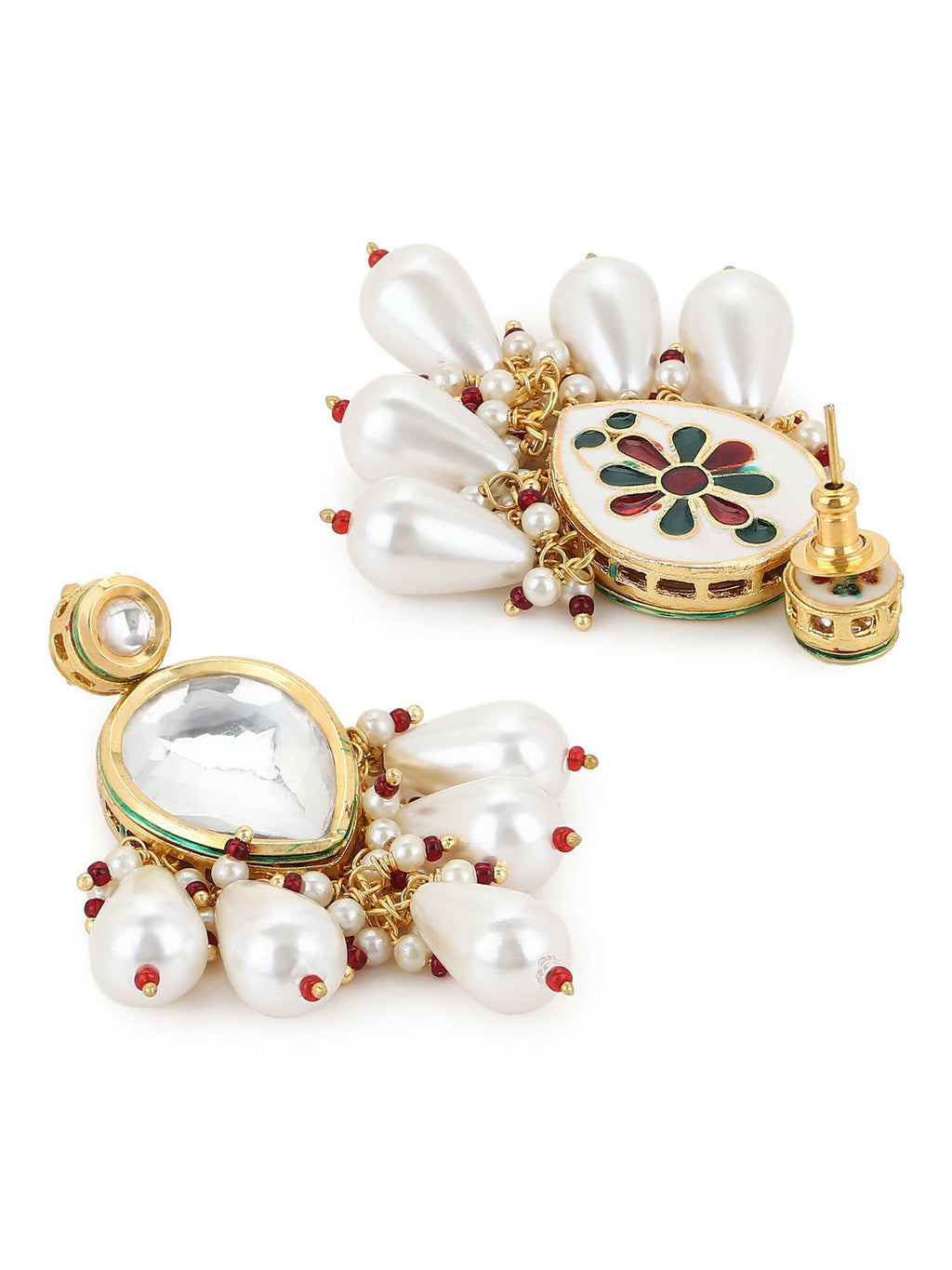 Gold-Toned White Kundan Contemporary Gold-Polished Drop Earrings - Ruby Raang | Grab2Buy
