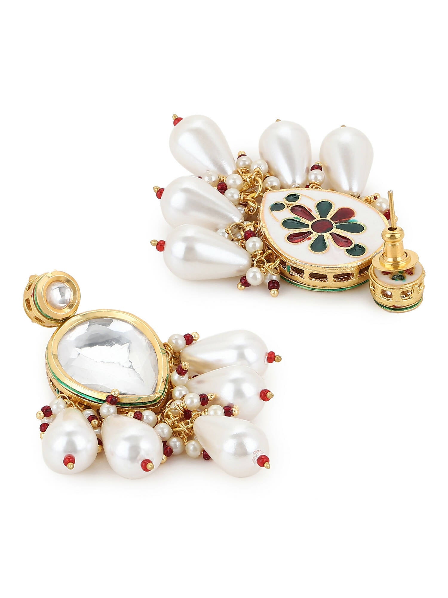 Gold-Toned White Kundan Contemporary Gold-Polished Drop Earrings - Ruby Raang | Grab2Buy