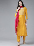 Yufta Women's Mustard Rayon Kurti With Pant Dupatta Set | Grab2Buy
