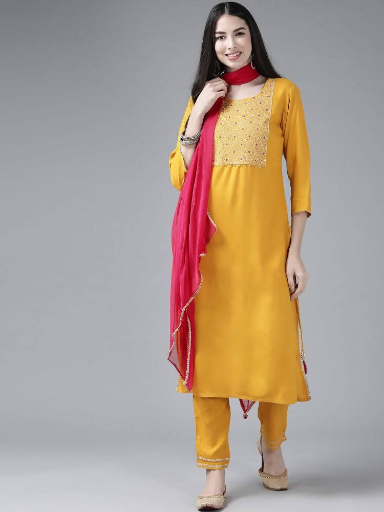Yufta Women's Mustard Rayon Kurti With Pant Dupatta Set | Grab2Buy