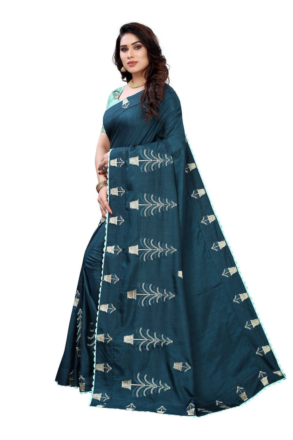 Vamika Rama Green Dola Silk Embroidery Saree (HELENA RAMA) | Grab2Buy