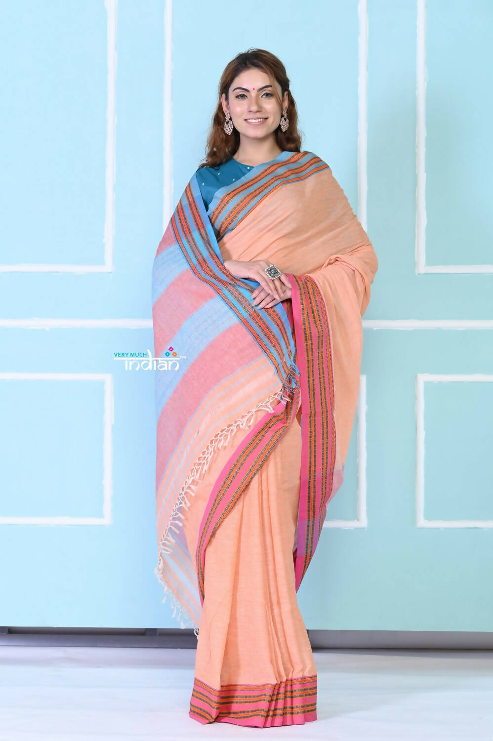 Very Much Indian Traditional Patteda Anchu Ilkal Handloom Saree - Peach Tone | Grab2Buy