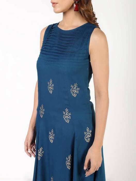 Aniyah Rayon Block Print Flared Blue Kurta (AN-149K) | Grab2Buy
