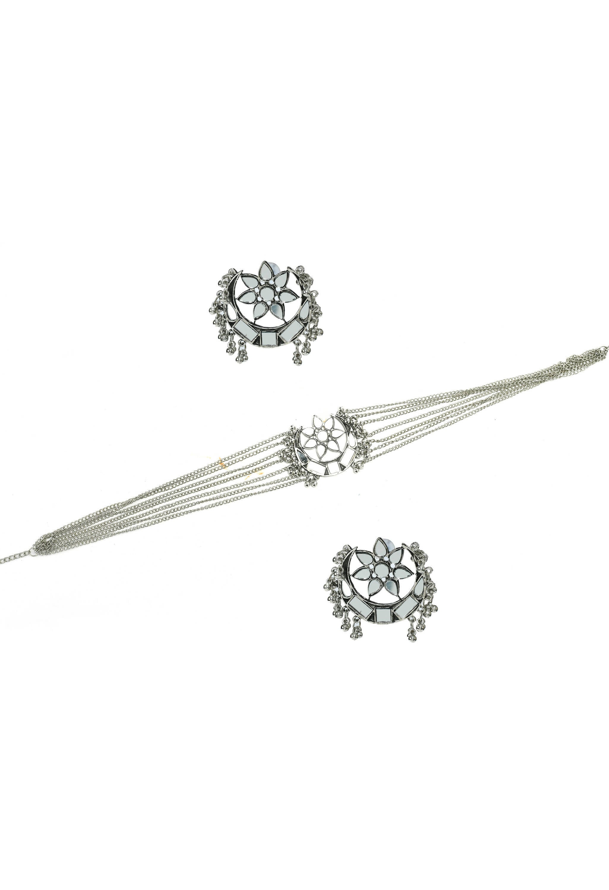 Mominos Fashion Johar Kamal Silver-Plated Brass Finish Mirror Work Choker For Women | Grab2Buy